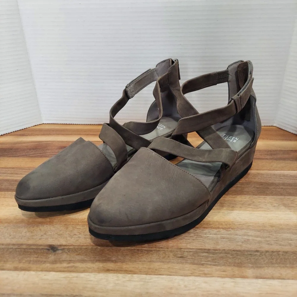 Eileen Fisher Wedge Sandals Women's 10 Gray Leather Strappy Pointed Toe Zip Back